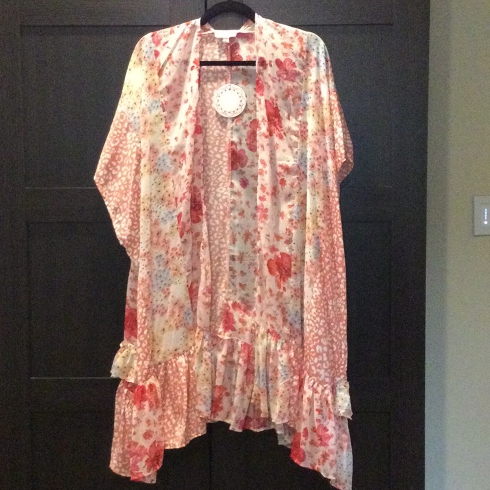 NWT Umgee Ruffled Pink/White Lg & Sm Floral & Leopard Spot Kimono